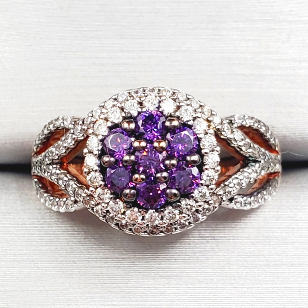 Amethyst & Diamond Simulants Black Rhodium Rose Gold - 925 Sterling Silver Ring